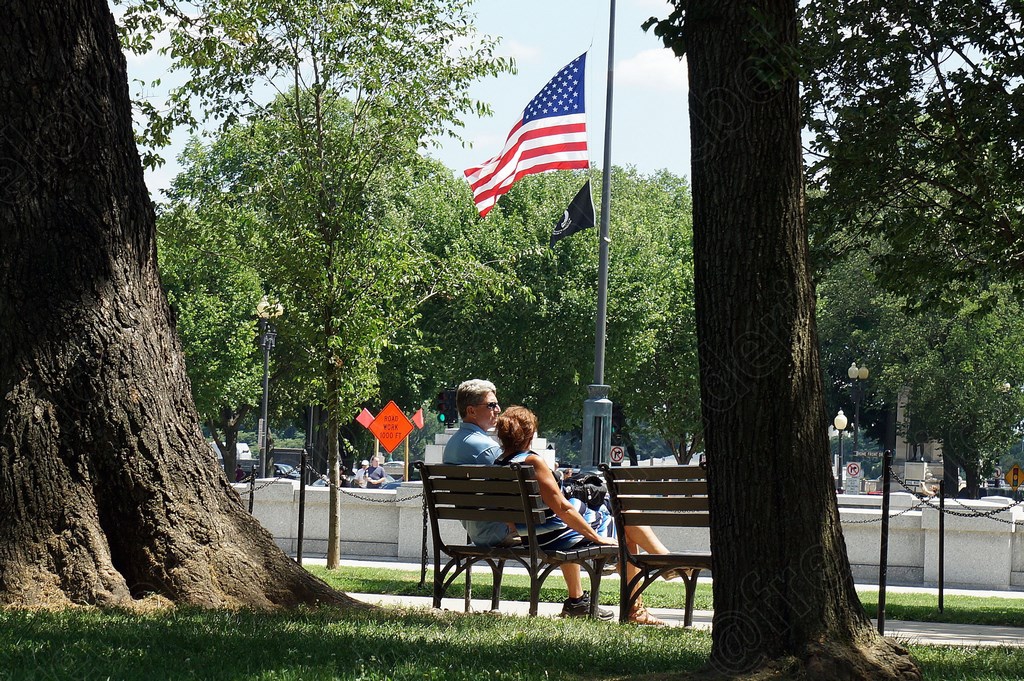 Un couple assis sur un banc à l'ombre d'un grand arbre, drapeau américain flottant derrière eux.