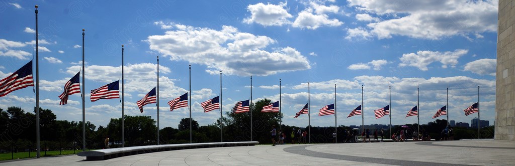 Une rangée de drapeaux américains en berne devant un mémorial.