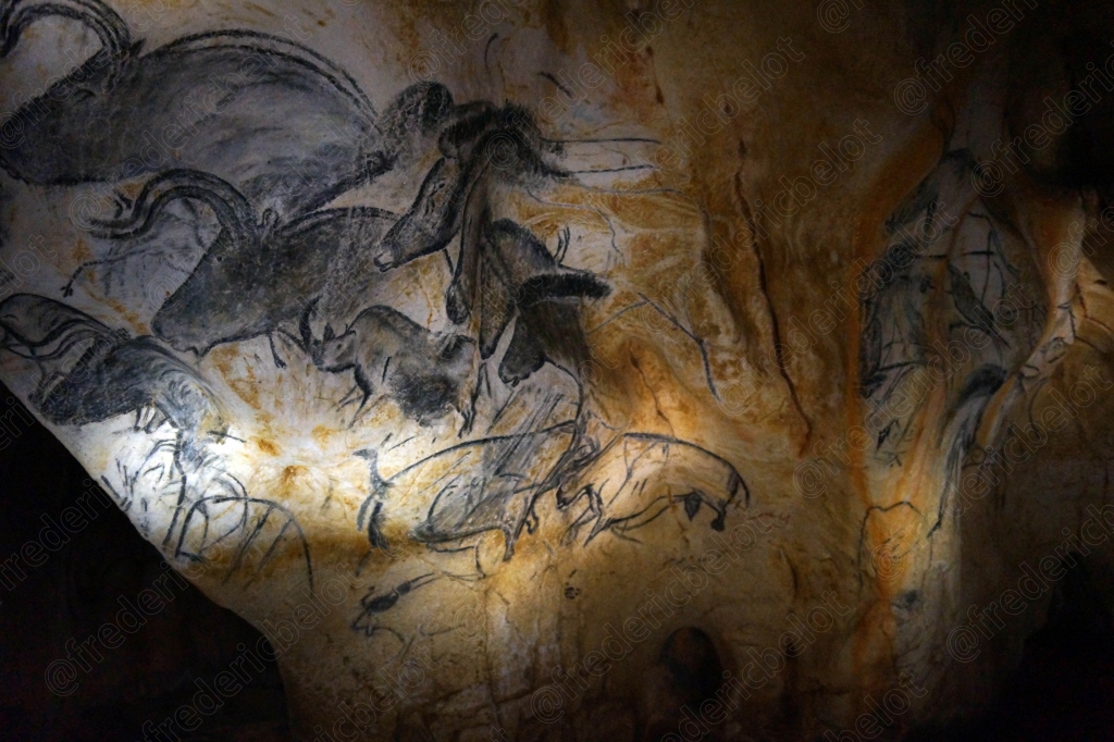 Une composition dense d'animaux gravés et peints recouvre une large section de paroi.