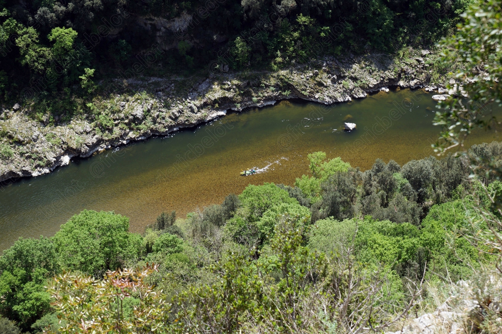 Vue aérienne d'une boucle de l'Ardèche entourée de végétation dense.