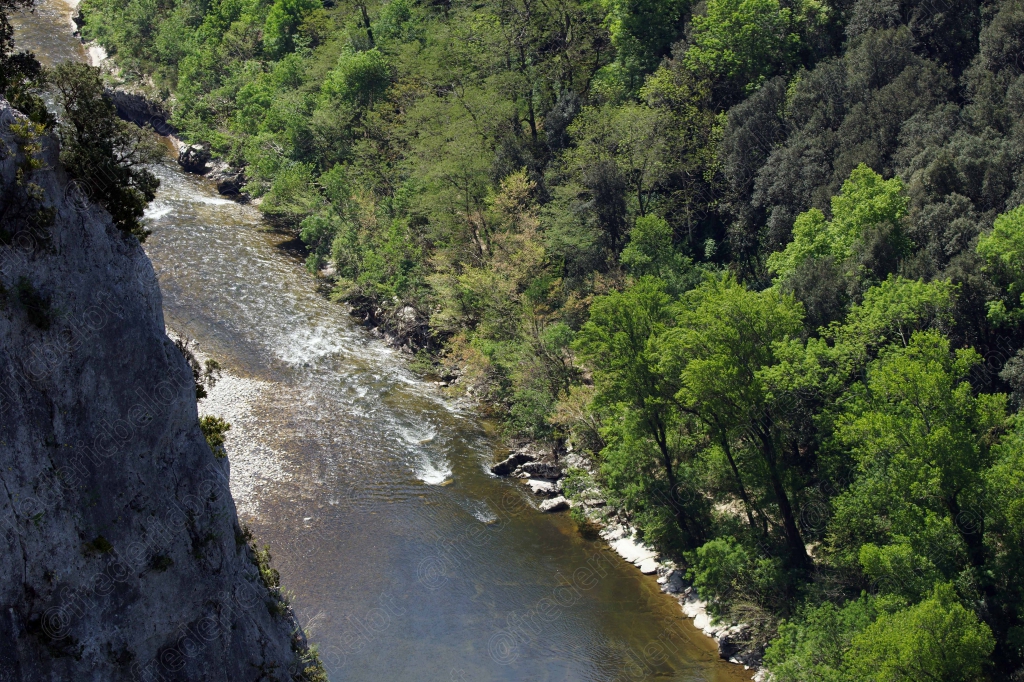 Le Pont d'Arc vu de plus loin, encadré par la végétation des berges.
