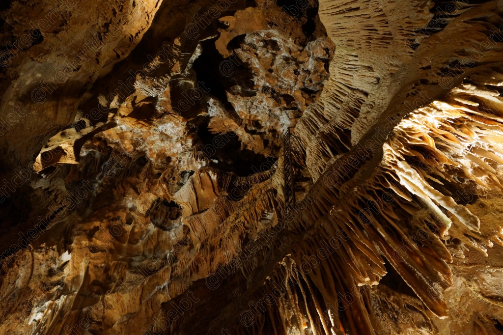 Stalactites et concrétions dorées ornent la voûte d'une grotte naturelle, sous un éclairage chaud.
