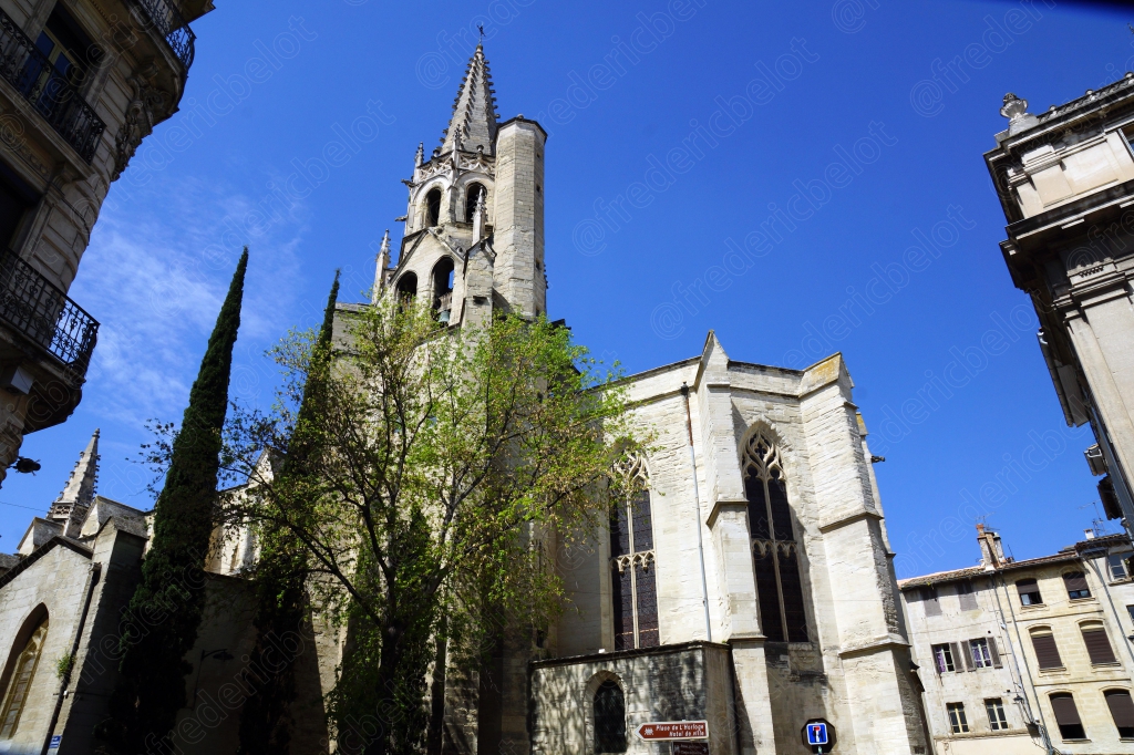 La flèche d'une église s'élève au-dessus des toits d'Avignon, sous un ciel bleu.