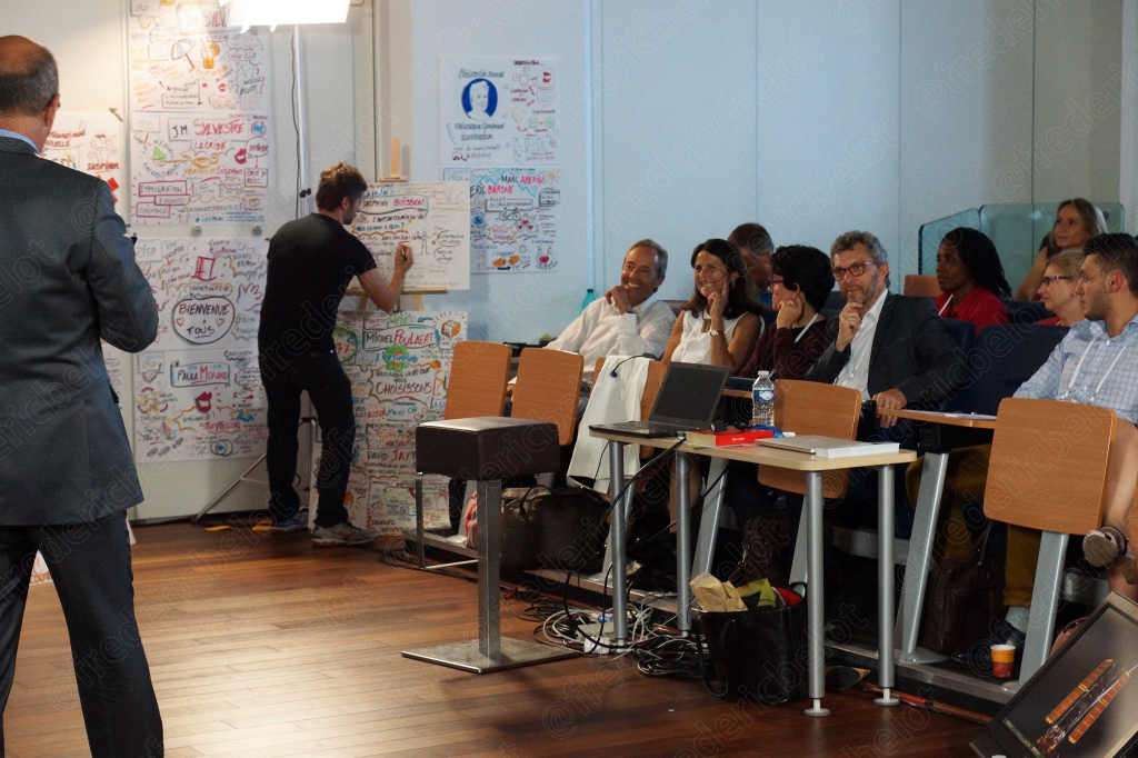 Homme dessinant sur un mur de mind-mapping, panel assis derrière une table