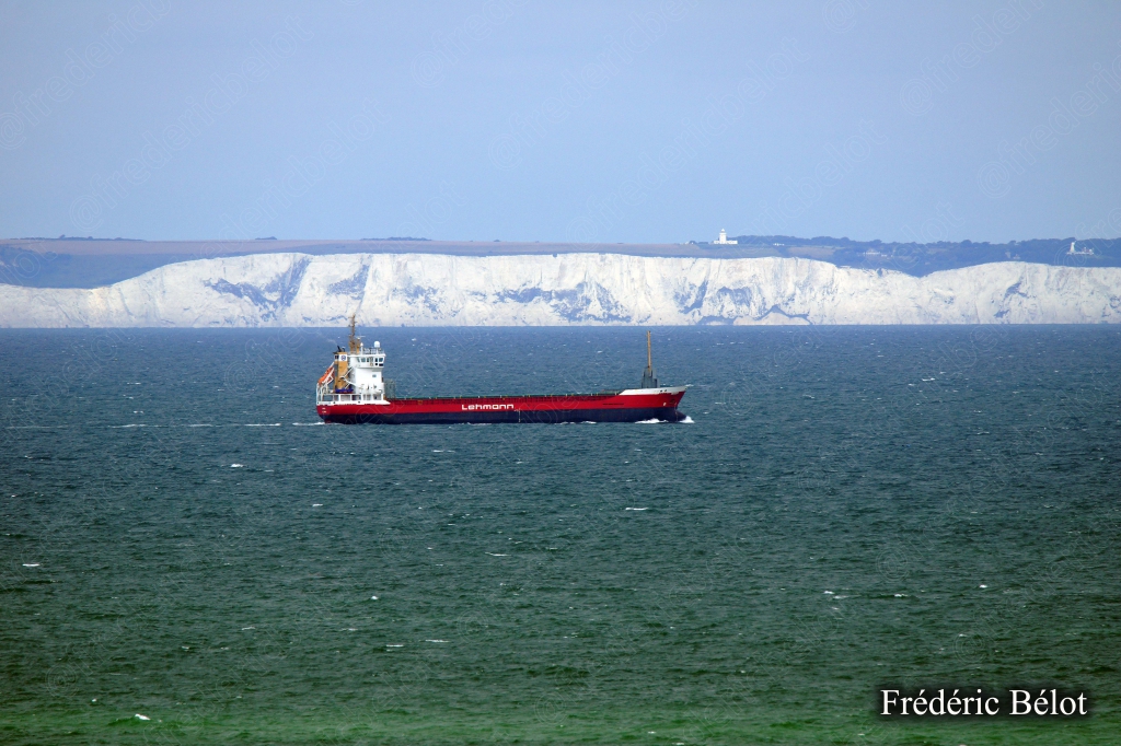Un cargo navigue au large des falaises blanches, vu depuis la côte.