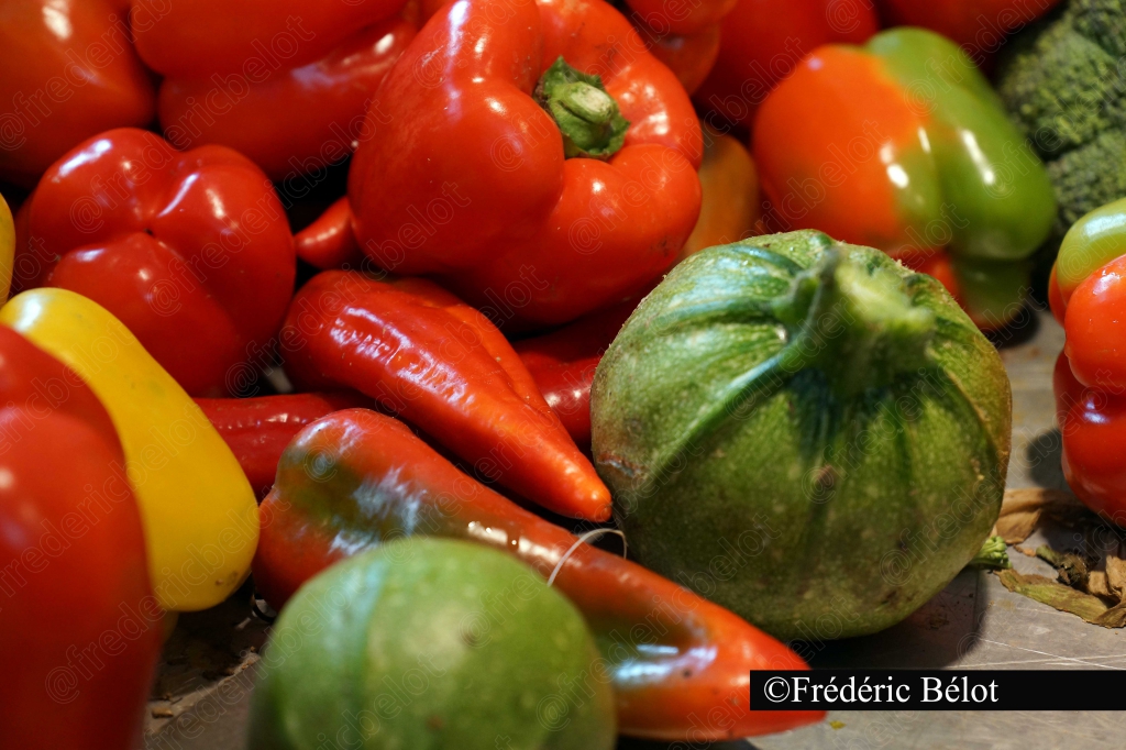 Des poivrons et piments rouges, jaunes et verts en gros plan.