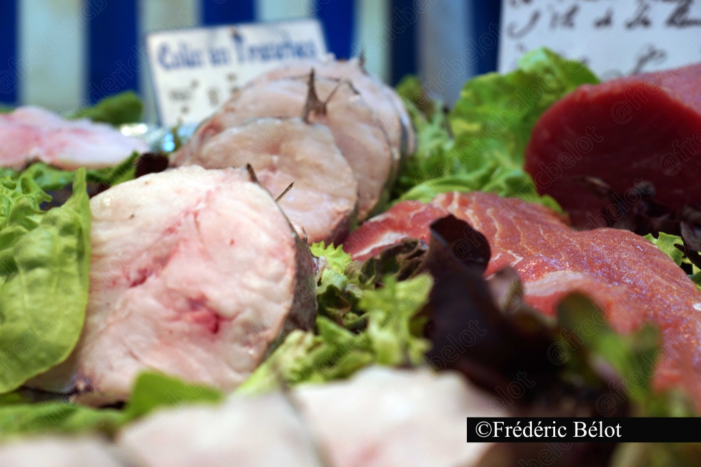 Des filets de poisson blanc et rose présentés sur un étal, feuilles de salade.