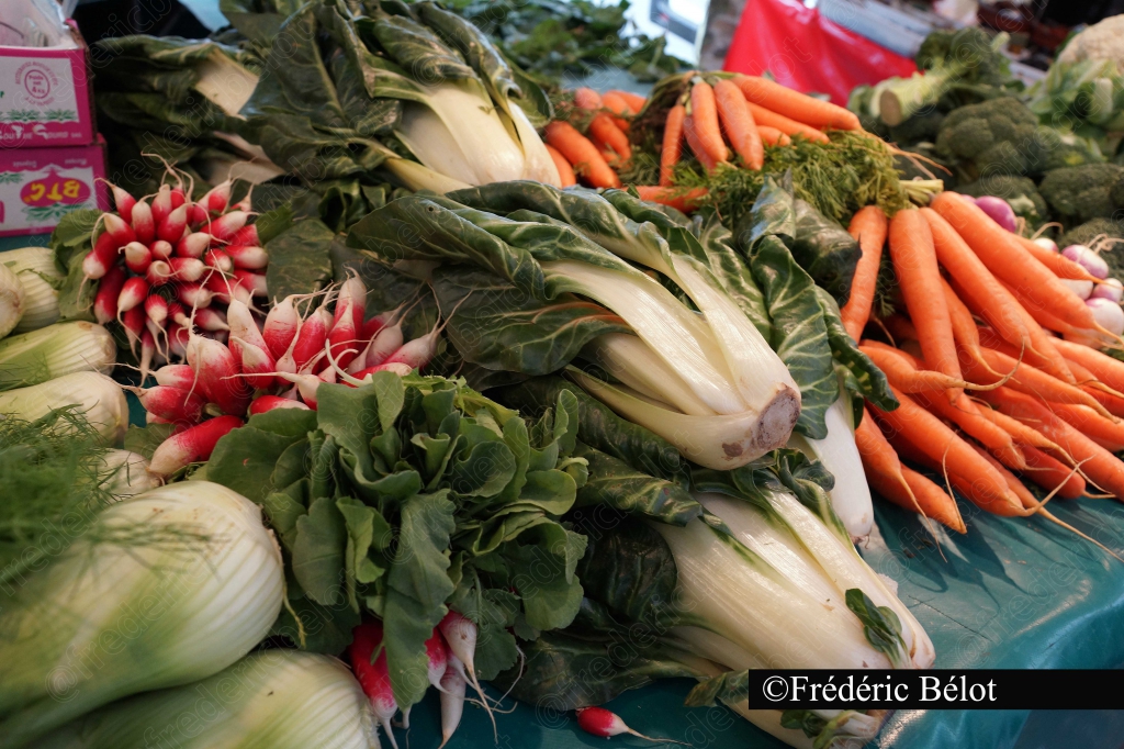 Un assortiment de radis, blettes et carottes fraîches.