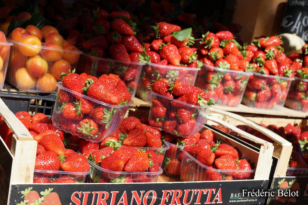 Des fraises fraîches et abricots présentés en barquettes.