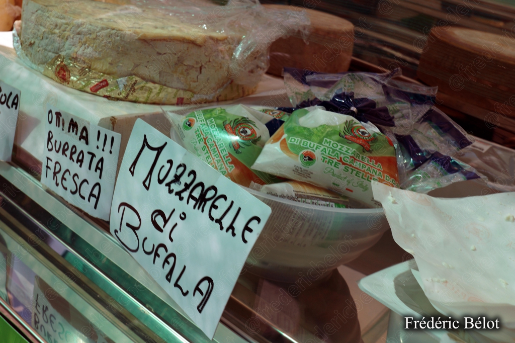 Des fromages frais burrata et mozzarella di bufala présentés sur un étal.