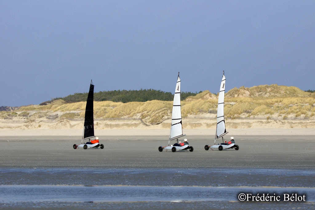 Plusieurs chars à voile alignés sur une plage, dunes en arrière-plan.