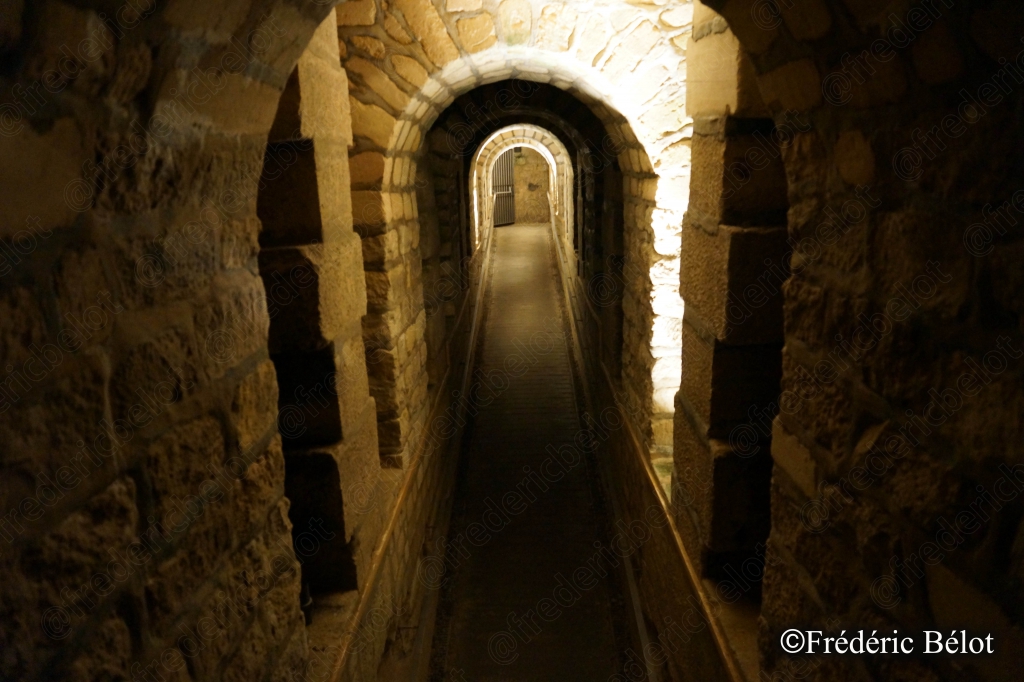Un long tunnel voûté en pierre s'étend en perspective, faiblement éclairé.
