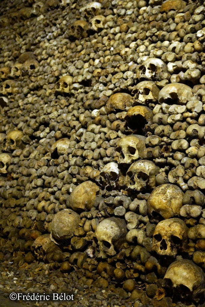 Un mur composé de crânes et d'ossements disposés en registres réguliers.