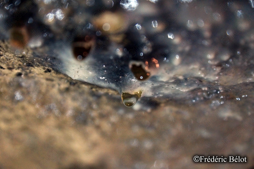 Des gouttes d'eau perlent sur la voûte rocheuse d'une galerie souterraine.